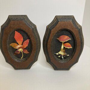 70s Mushroom & Maple Leaf MCM Copper Metal Wood Wall Art Plaque 5 x 7.5"